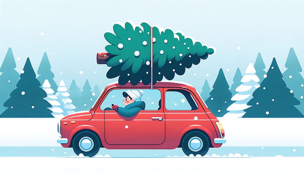 cartoon person driving with a christmas tree on their car