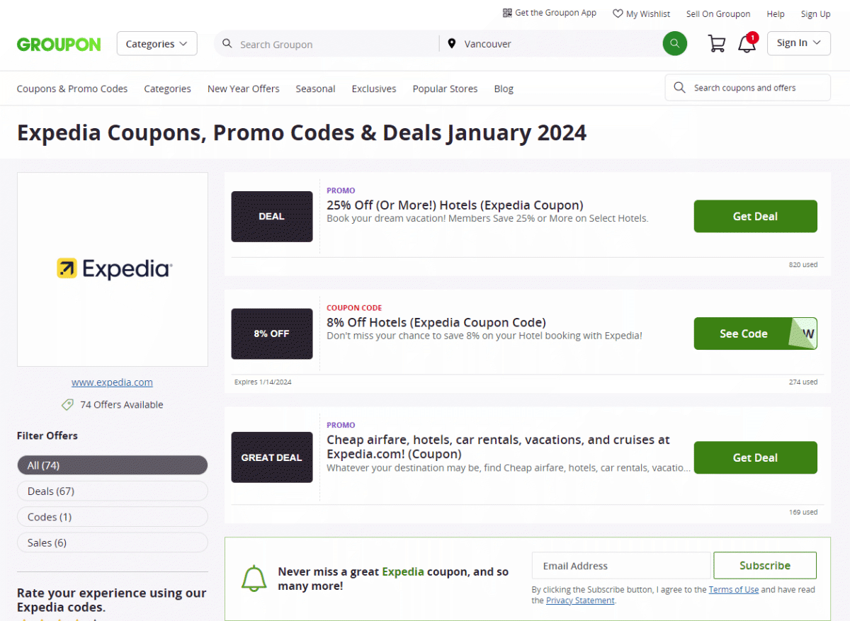 Groupon coupons page